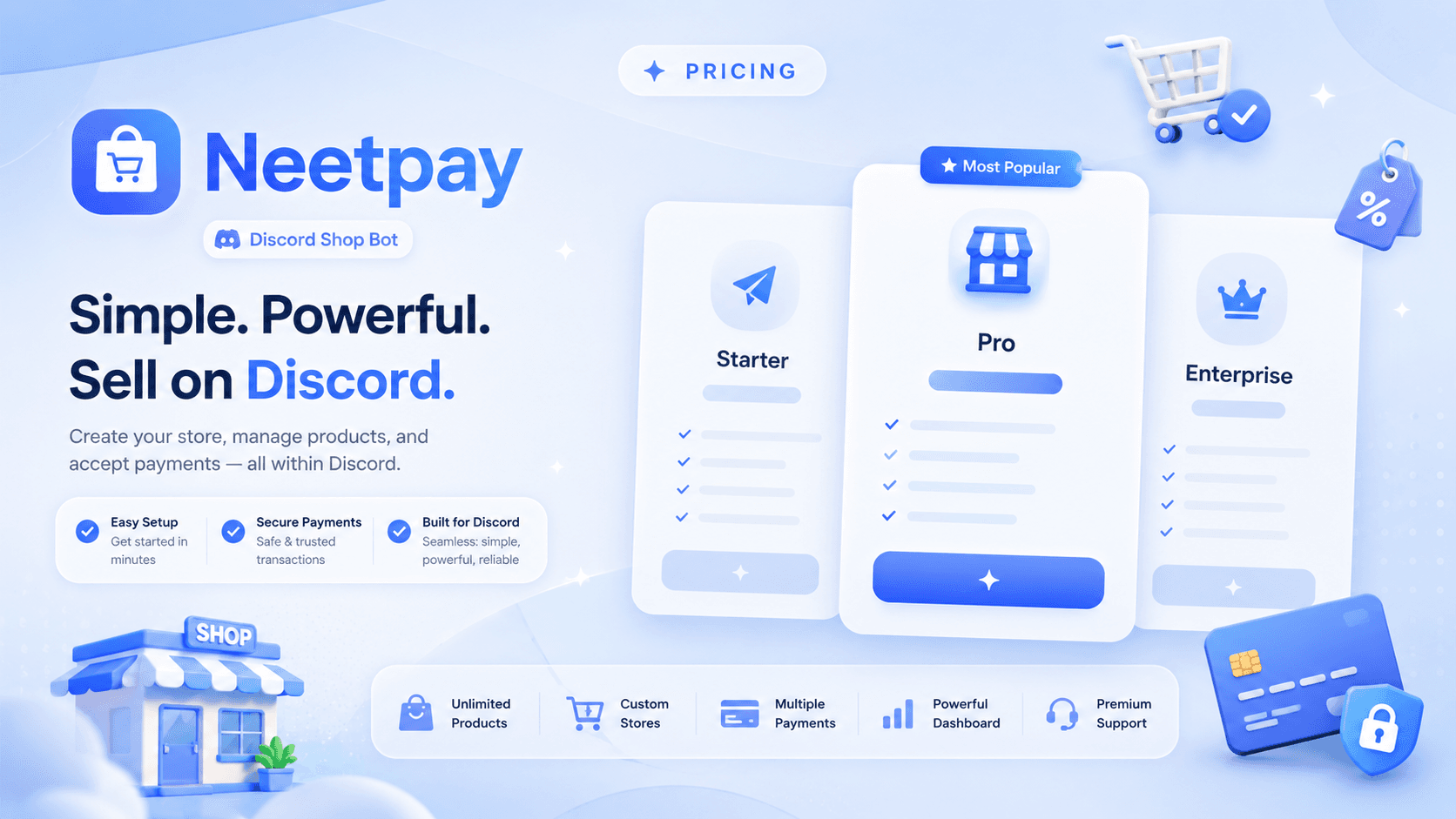 NeetPay pricing — Starter, Pro and Enterprise plans for selling on Discord